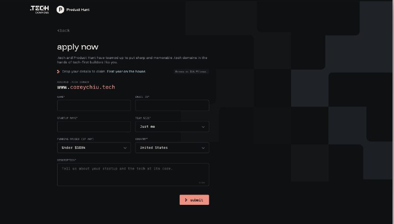 Startup福音！ProductHunt 给用户免费提供一年的.tech域名！无需绑卡，无任何隐藏费用，无附加条款，可以转移，填一下表格就能申请了！申请地址：