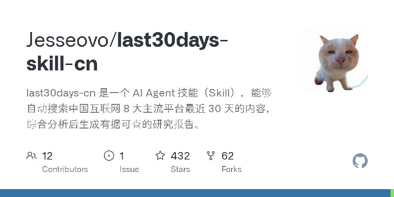 GitHub - Jesseovo/last30days-skill-cn: last30days-cn 是一个 AI Agent 技能（Skill），能够自动搜索中国互联网 8 大主流平台最近 30 天的内容，综合分析后生成有据可查的研究报告。