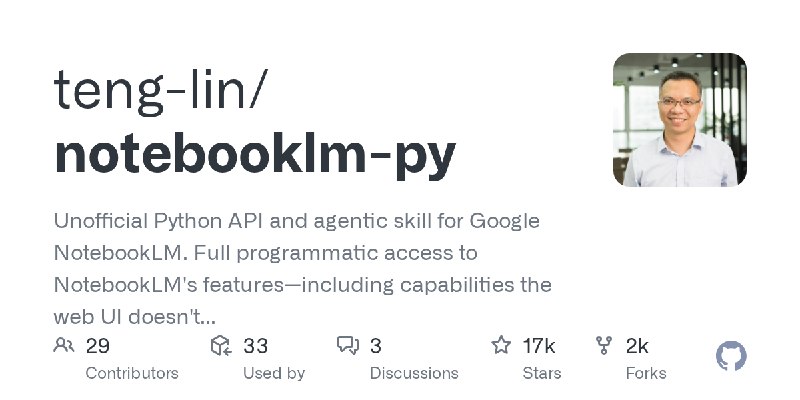 GitHub - teng-lin/notebooklm-py: Unofficial Python API and agentic skill for Google NotebookLM. Full programmatic access to NotebookLM's…