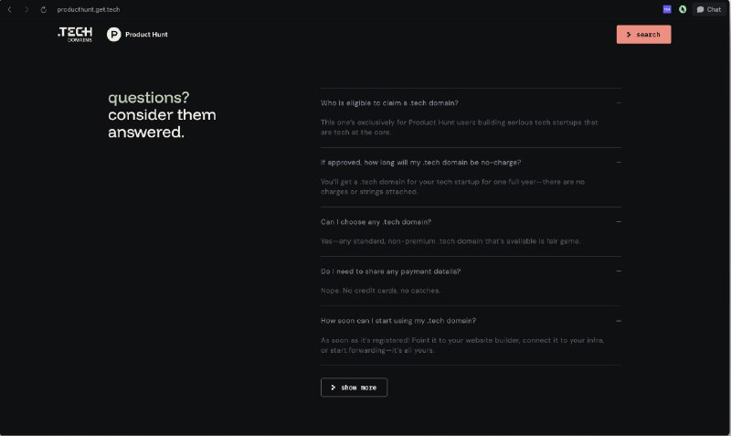 Startup福音！ProductHunt 给用户免费提供一年的.tech域名！无需绑卡，无任何隐藏费用，无附加条款，可以转移，填一下表格就能申请了！申请地址：